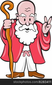 Illustration of a bearded old man holding staff and showing peace sign viewed from front on isolated background done in cartoon style.. Bearded Old Man Staff Peace Sign Cartoon