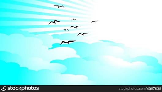 Illustration of a beautiful bright sky with rays, clouds and birds, vector illustration