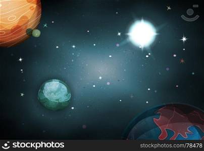 Illustration of a beautiful comic starry space landscape with alien moons, asteroids and planet for sci-fi ui game. Scifi Space Background For Ui Game