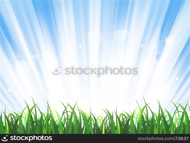 Illustration of a beautiful landscape with shiny bright summer or spring sun rising behind a glossy grass leaves foreground, including light rays, stars, light blurs and lens flare effect. Spring Or Summer Sunrise Grass Landscape