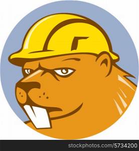 Illustration of a beaver construction worker wearing hard hat set inside circle on isolated background done in cartoon style.. Beaver Construction Worker Circle Cartoon
