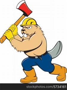 Illustration of a beaver lumberjack wearing hard hat wielding an ax on isolated white background done in cartoon style.. Beaver Lumberjack Wielding Ax Cartoon