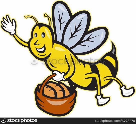 Illustration of a bee waving carrying a basket full of bread loaf on isolated background done in cartoon style.