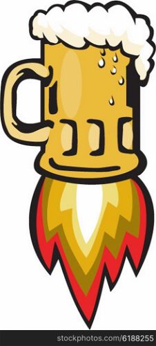Illustration of a beer mug with rocket burners blasting off on isolated background done in retro style. . Beer Mug Rocket Ship Blasting Retro