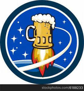 Illustration of a beer mug with rocket burners blasting off to space with stars and planet in the background set inside circle done in retro style. . Beer Mug Rocket Ship Space Circle Retro