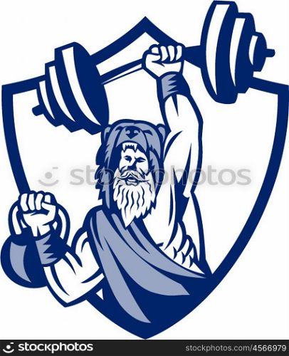 Illustration of a berserker, a champion Norse warrior wearing pelt of bear skin lifting barbell and kettlebell viewed from front set inside shield crest on isolated background done in retro style.