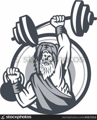Illustration of a berserker, a champion Norse warrior wearing pelt of bear skin lifting barbell and kettlebell viewed from front set inside circle on isolated background done in retro style.