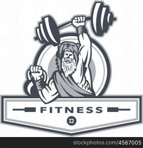 Illustration of a berserker, a champion Norse warrior wearing pelt of bear skin lifting barbell and kettlebell viewed from front set inside circle with the word text Fitness inside banner done in retro style.