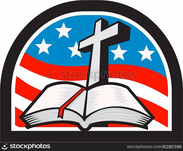 Illustration of a bible and cross with American stars and stripes flag in background done in retro style.. Bible and Cross Stars and Stripes Flag Retro
