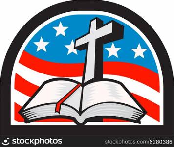 Illustration of a bible and cross with American stars and stripes flag in background done in retro style.. Bible and Cross Stars and Stripes Flag Retro