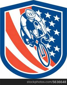 Illustration of a bicycle bike rider viewed from high angle with usa stars and stripes background set inside shield crest done in retro style.