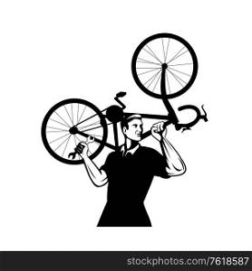 Illustration of a bicycle mechanic carrying a bike on shoulder and holding a spanner or wrench looking to side on isolated background done in retro black and white style.. Bicycle Mechanic Carrying Bike on Shoulder and Holding Spanner Wrench Retro Black and White