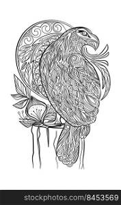 Illustration of a bird sitting with folded wings. Page for coloring. Patterns and ornaments. Illustration of a bird sitting with folded wings. Page for coloring