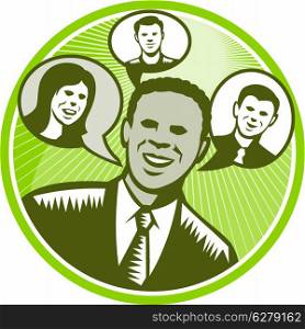 Illustration of a black african american businessman facing front smiling with speech bubble with happy people inside done in retro woodcut style set inside circle.. Businessman People Smiling Speech Bubble