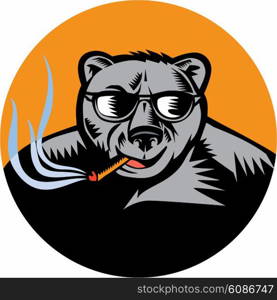 Illustration of a black bear wearing sunglasses smoking cigar viewed from front set inside circle done in retro woodcut style.. Black Bear Sunglasses Cigar Circle Woodcut