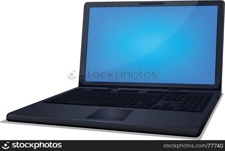 Illustration of a black laptop computer with blue screen for technology retail background. Laptop Computer