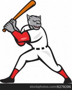 Illustration of a black panther baseball player batter hitter batting viewed from side done in cartoon style isolated on white background.. Black Panther Baseball Player Batting Isolated