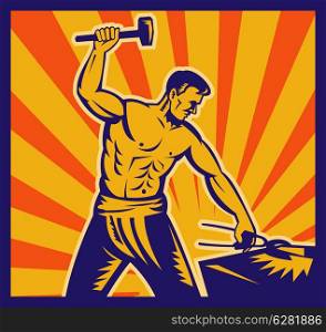 illustration of a Blacksmith at work wielding a hammer with sunburst in background done in retro woodcut style.. Blacksmith at work wielding a hammer