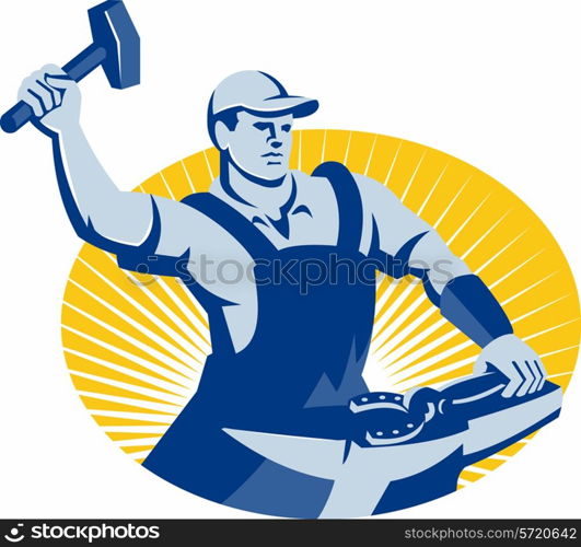 Illustration of a blacksmith farrier with hammer striking at horseshoe on anvil set inside oval done in retro style.