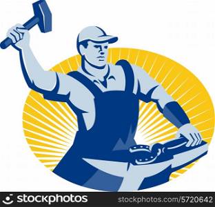 Illustration of a blacksmith farrier with hammer striking at horseshoe on anvil set inside oval done in retro style.
