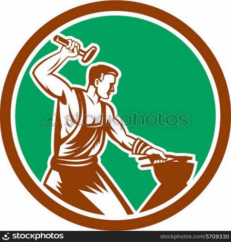 Illustration of a blacksmith holding hammer sledgehammer striking hammering pliers set inside circle on isolated background done in retro style.. Blacksmith Hammering Pliers Circle Retro