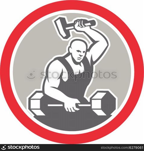 Illustration of a blacksmith striking at barbell with sledgehammer set inside circle on isolated background done in retro style.. Blacksmith Striking at Barbell with Sledgehammer Retro