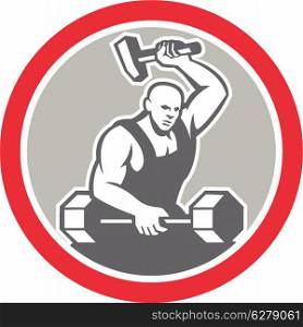 Illustration of a blacksmith striking at barbell with sledgehammer set inside circle on isolated background done in retro style.. Blacksmith Striking at Barbell with Sledgehammer Retro