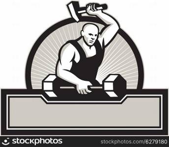 Illustration of a blacksmith with hammer forging striking a barbell set inside circle on isolated white background.&#xA;