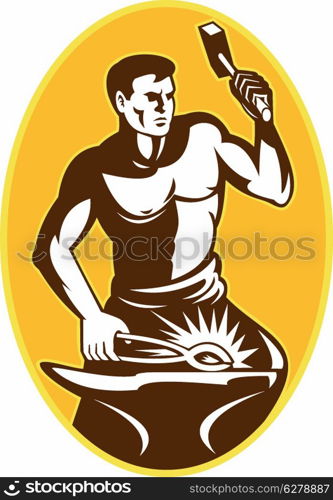 illustration of a blacksmith with hammer striking anvil viewed from front set inside oval done in retro style&#xA;