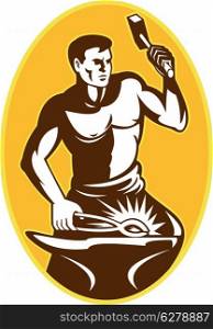 illustration of a blacksmith with hammer striking anvil viewed from front set inside oval done in retro style&#xA;
