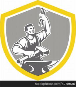 Illustration of a blacksmith worker with sledgehammer holding up pliers with anvil set inside shield crest shape done in retro style.. Blacksmith With Pliers Sledgehammer Anvil Retro