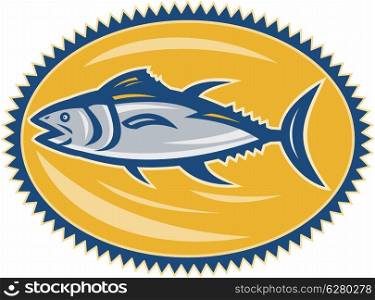 Illustration of a blue fin tuna side view set inside ellipse done in retro style on isolated white background.