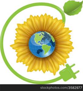 illustration of a blue globe on background of sunflower