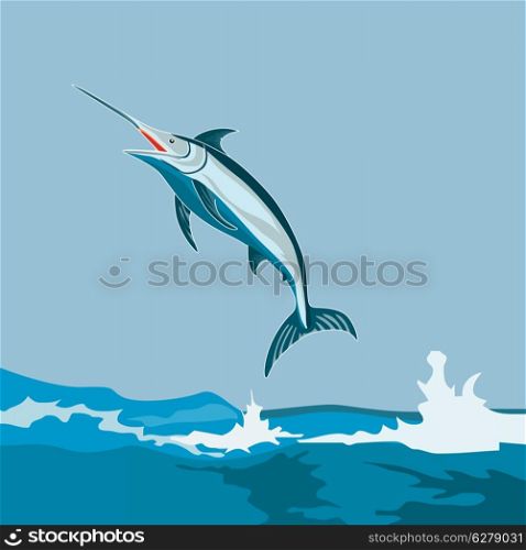 Illustration of a blue marlin fish jumping done in retro style.. Blue Marlin Fish Jumping Retro