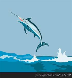Illustration of a blue marlin fish jumping done in retro style.. Blue Marlin Fish Jumping Retro