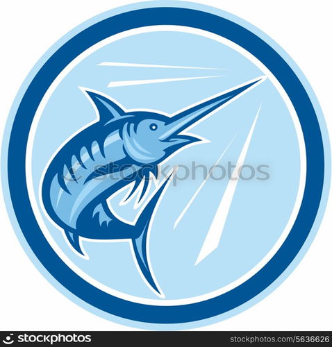 Illustration of a blue marlin fish jumping set inside circle on isolated background done in cartoon style. . Blue Marlin Fish Jumping Circle Cartoon