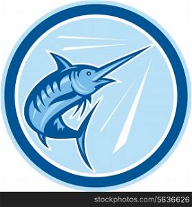 Illustration of a blue marlin fish jumping set inside circle on isolated background done in cartoon style. . Blue Marlin Fish Jumping Circle Cartoon