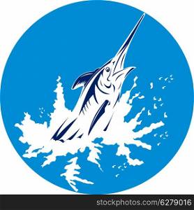 Illustration of a blue marlin swordfish jumping viewed from side done in retro woodcut style.. blue marlin swordfish jumping