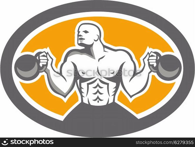 Illustration of a bodybuilder athlete muscle-up lifting kettlebell facing front set inside oval shape done in retro style on isolated white background. Bodybuilder Lifting Kettlebell Front Oval Retro