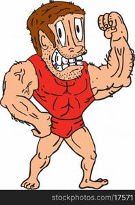 Illustration of a bodybuilder flexing muscles viewed from front on isolated background done in cartoon style.. Bodybuilder Flexing Muscles Cartoon