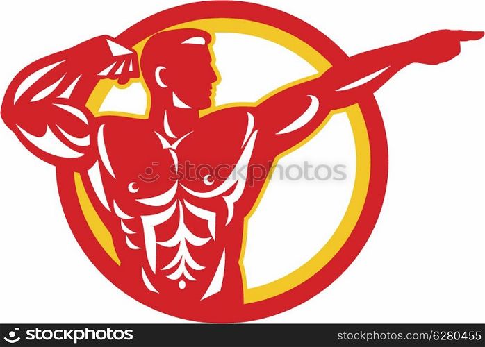 Illustration of a bodybuilder flexing muscles viewed from side set inside circle done in retro style.. Bodybuilder Flexing Muscles Retro
