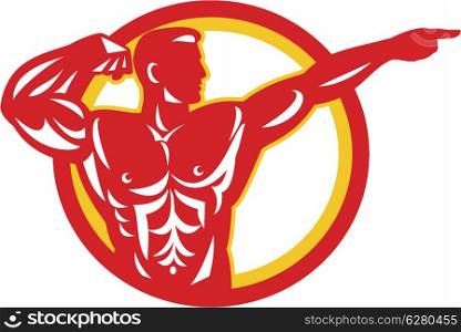 Illustration of a bodybuilder flexing muscles viewed from side set inside circle done in retro style.. Bodybuilder Flexing Muscles Retro