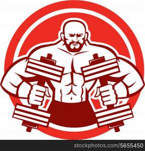 Illustration of a bodybuilder lifting dumbbell flexing muscles viewed from front set inside circle on isolated background done in retro style.. Bodybuilder Lifting Dumbbell Circle Retro