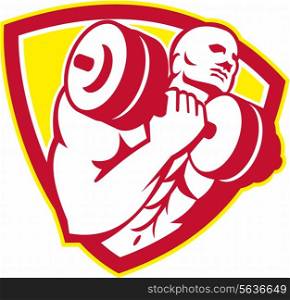 Illustration of a bodybuilder lifting dumbbell weight training set inside circle on isolated background done in retro style.