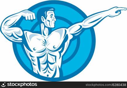 Illustration of a bodybuilder training exercise flexing muscle pointing viewed from the side set inside circle done in retro style.. Bodybuilder Flexing Muscles Pointing Side Retro