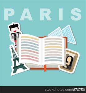 Illustration of a book with Paris famous attributes, Eiffel tower, Mona Lisa paint, the Louvre, meme face