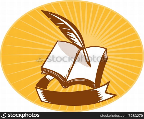 illustration of a book with quill pen and scroll set inside an oval with sunburst in background done in woodcut style.. book with quill pen and scroll woodcut