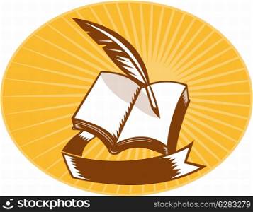 illustration of a book with quill pen and scroll set inside an oval with sunburst in background done in woodcut style.. book with quill pen and scroll woodcut