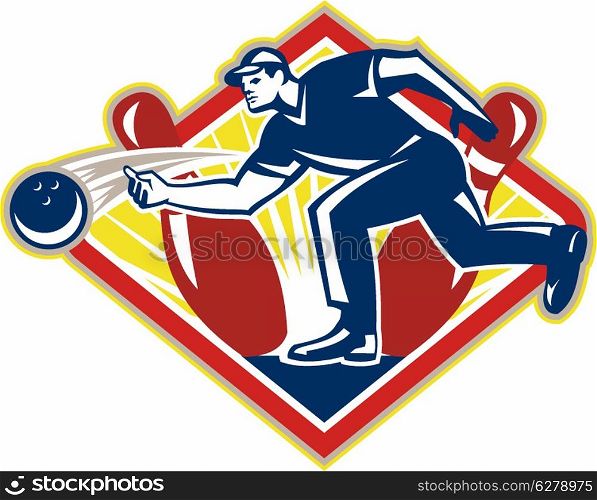Illustration of a bowler bowling striking pins set inside diamond shape done in retro style on isolated white background.. Bowler Bowling Ball Pins Side Retro