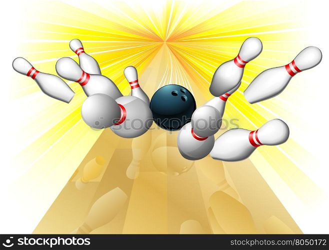 Illustration of a bowling ball smacking into ten pins scoring a strike